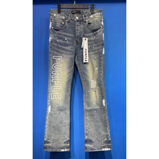 Light Blue Washed Flared Denim Jeans with "PURPLE" Logo and Paint Splatter